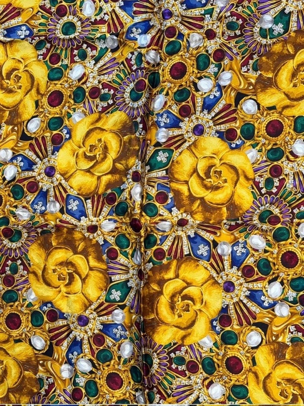 CHANEL Black Silk Scarf with Gold Floral and Multicolor Gripoix Jewel Motif